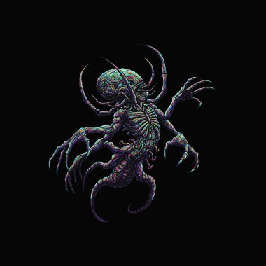 A bioluminescent alien creature with multiple limbs and sharp claws dominates a dark, mysterious scene. Its iridescent body glows eerily, creating a haunting yet captivating image. clipart