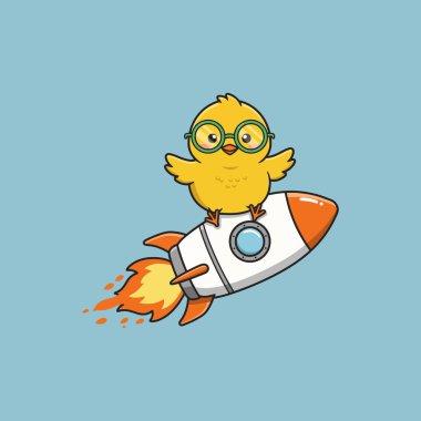 A cute, bespectacled chick takes flight on a tiny rocket, flames blazing! Joyful, playful, and charmingly illustrated. clipart