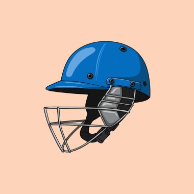 A striking blue cricket helmet takes center stage, its protective cage adding a layer of safety. The vector art style gives it a clean, graphic feel, perfect for sporty designs. clipart