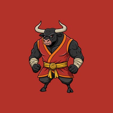 A strong black bull, clad in a vibrant red kimono, stands defiantly. His powerful stance and intense gaze create a dramatic, fierce mood. clipart