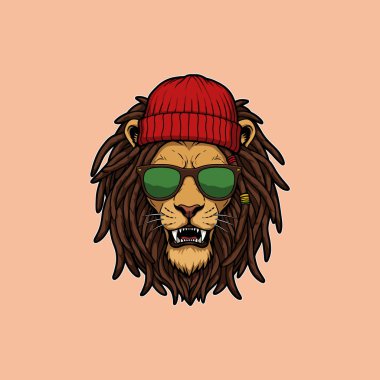 A fierce lion rocks a red beanie, green shades, and long dreadlocks. The vibrant colors and relaxed style create a fun, reggae vibe. clipart