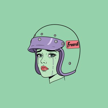 A wistful woman in a vintage green helmet with purple visor cries softly. The pop art style evokes a melancholic yet striking scene. Her tears add to the emotional impact. clipart