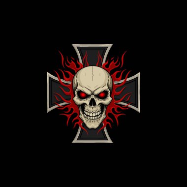 A menacing skull with fiery red flames erupts from a dark iron cross, creating a bold, gothic metal aesthetic. Intense, dark, and powerful. clipart