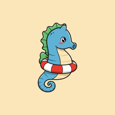 A cute, light blue seahorse sports a red and white life preserver, creating a charming and playful underwater scene. Sweet, simple, and fun! clipart