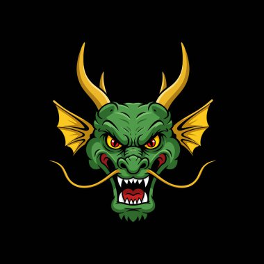 A menacing green dragon's head fills the frame, its sharp teeth bared, and intense red eyes glaring. Gold horns and fins add to its powerful presence. A bold, fierce image. clipart