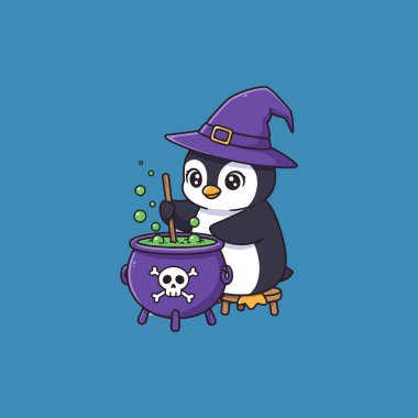 A delightful penguin, wearing a witch's hat, stirs a bubbling cauldron of green potion. Spooky cute and charmingly whimsical! clipart