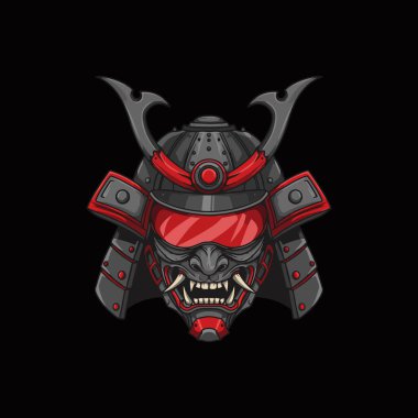 A fierce oni mask peers from beneath a samurai helmet, striking a powerful pose against a black backdrop. The dark, metallic armor contrasts vividly with the bright red accents, evoking a sense of mystery and strength. clipart