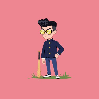 A stylish anime boy in a school uniform stands with a bat He has cool glasses and a serious expression Perfect for creating cool merchandise or avatars. clipart