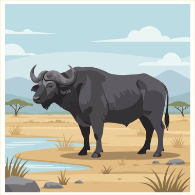 A majestic African buffalo stands near a watering hole in a serene savannah landscape Perfect for wildlife documentaries or educational materials. clipart