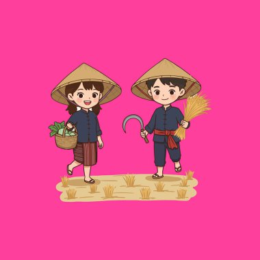 Cute cartoon illustration of young farmers harvesting rice and vegetables in a field Perfect for children's books or agricultural projects. clipart