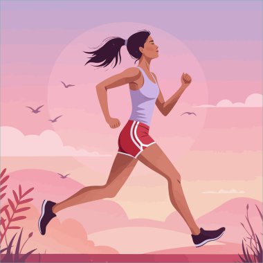 A woman in red shorts jogs peacefully at sunset Perfect for fitness websites or health blogs. clipart