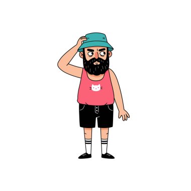 A cartoon illustration of a bearded man in a bucket hat scratching his head looks thoughtful Perfect for websites blogs or social media. clipart