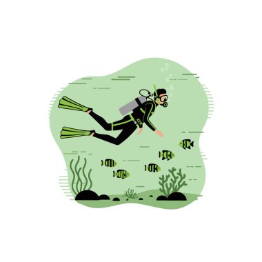 A scuba diver glides effortlessly through a colorful underwater world teeming with tropical fish and coral Perfect for marine life and diving enthusiasts. clipart