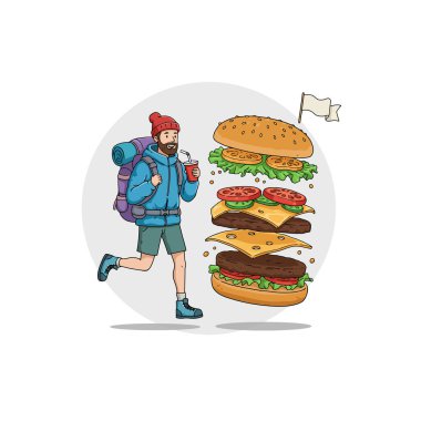 A cartoon hiker with a backpack runs towards a massive, delicious-looking burger perfect for your next adventure blog or food website. clipart