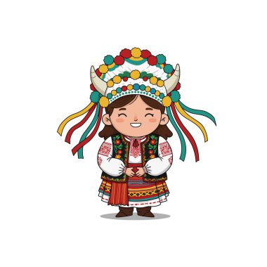 A cheerful girl smiles while wearing a vibrant Ukrainian folk costume perfect for cultural celebrations and educational resources. clipart