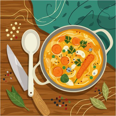 Warm and inviting vegetable soup in a rustic pot, garnished with fresh herbs Perfect for a comforting meal or blog post. clipart