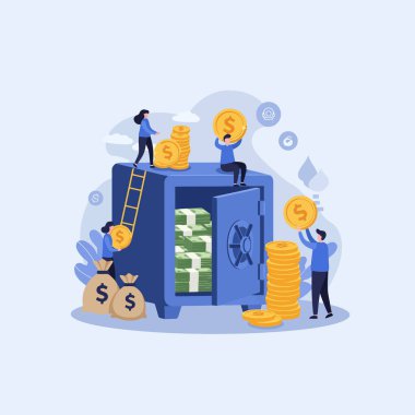 Tiny people add coins and money bags to a big safe symbolizing financial growth and security Perfect for illustrating investment and wealth. clipart