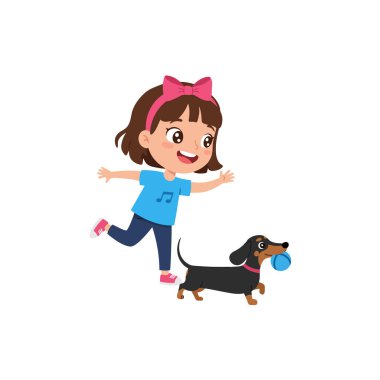 Cartoon girl is chasing her happy dachshund dog, who carries a blue ball in its mouth Great for children's illustrations and educational resources. clipart