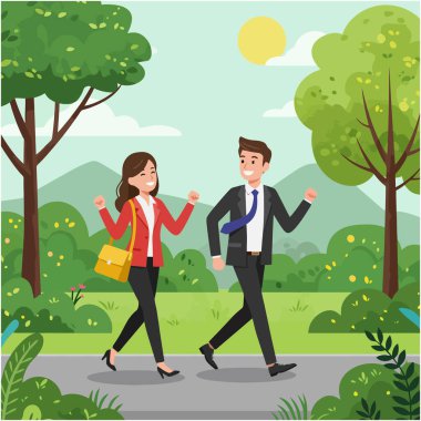 Cheerful business professionals walk outdoors in a park setting conveying success and accomplishment Use it for business concepts and work-life balance illustrations. clipart