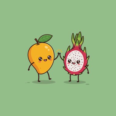 Adorable cartoon mango and dragon fruit characters give a high-five, radiating positivity and friendship Perfect for children's illustrations and educational content. clipart