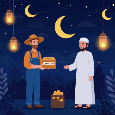 A man donates money to another man under the moonlight with hanging lanterns Use this for charity and community event designs. clipart