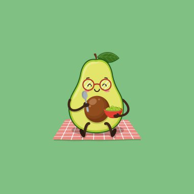 Cartoon avocado with glasses eats snack on a blanket against green background A cute image for health or food-related content. clipart