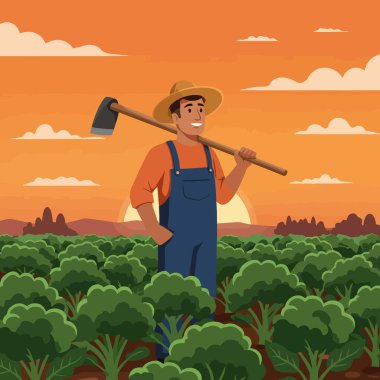 Smiling farmer stands in a broccoli field with a hoe at sunset, conveying a sense of hard work and peaceful country life Consider it for.