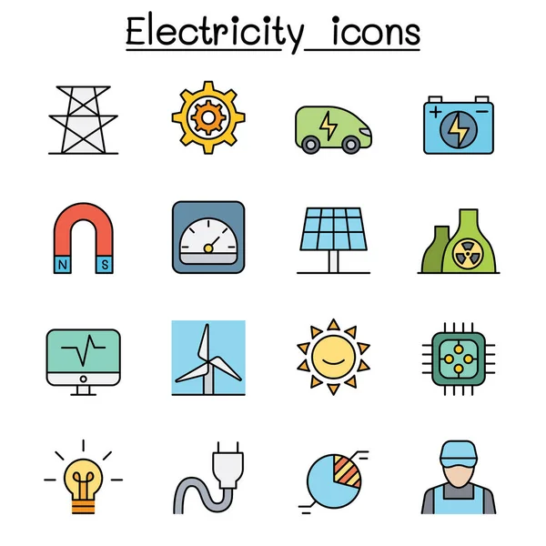 Electricidad Conjunto Iconos Línea Color — Vector de stock