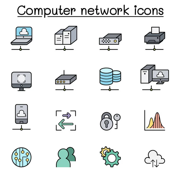 Δίκτυο Υπολογιστών Και Σύνολο Εικονιδίων Γραμμών Χρώματος Υπολογιστικού Νέφους — Διανυσματικό Αρχείο