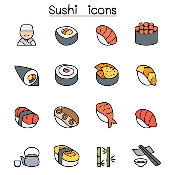 Sushi Japanese Food Color Line Icon Set — Stock Vector