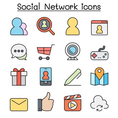 Sosyal Ortam ve Sosyal Ağ renk çizgisi simgesi seti