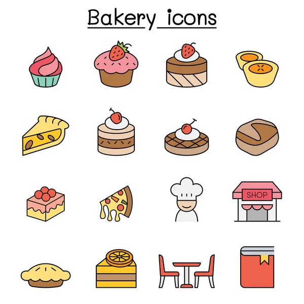Panadería Pastelería Línea Color Icono Conjunto — Vector de stock