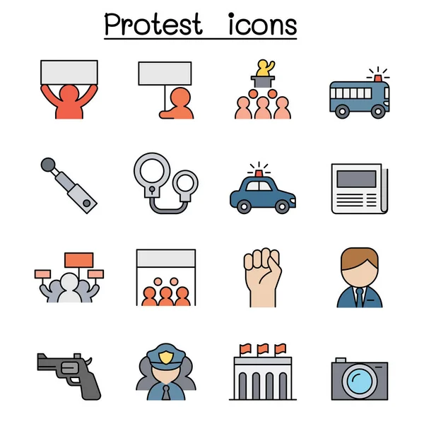 Set Icone Linea Colore Protesta — Vettoriale Stock