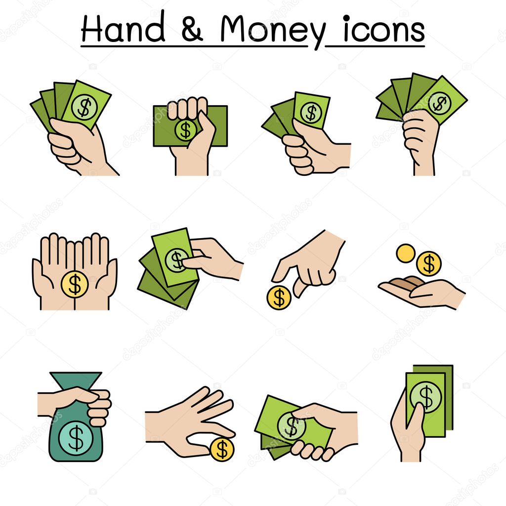 Money in Hand, investment, asset, money, cash, profit, interest, finance color line icon set