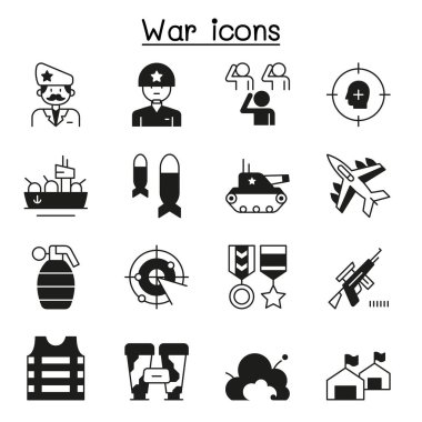 Set of War Related Vector Line Icons. Contains such Icons as soldier, army, military, navy, airforce, bomb, battleship, airplane and more clipart