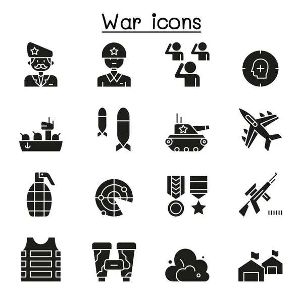 stock vector Set of War Related Vector Line Icon. Contains such Icon as soldier, army, military, navy, airforce, bomb, battleship, airplane in glyph style