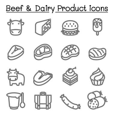 İnce çizgi stilinde et ve süt ürünleri Icon set