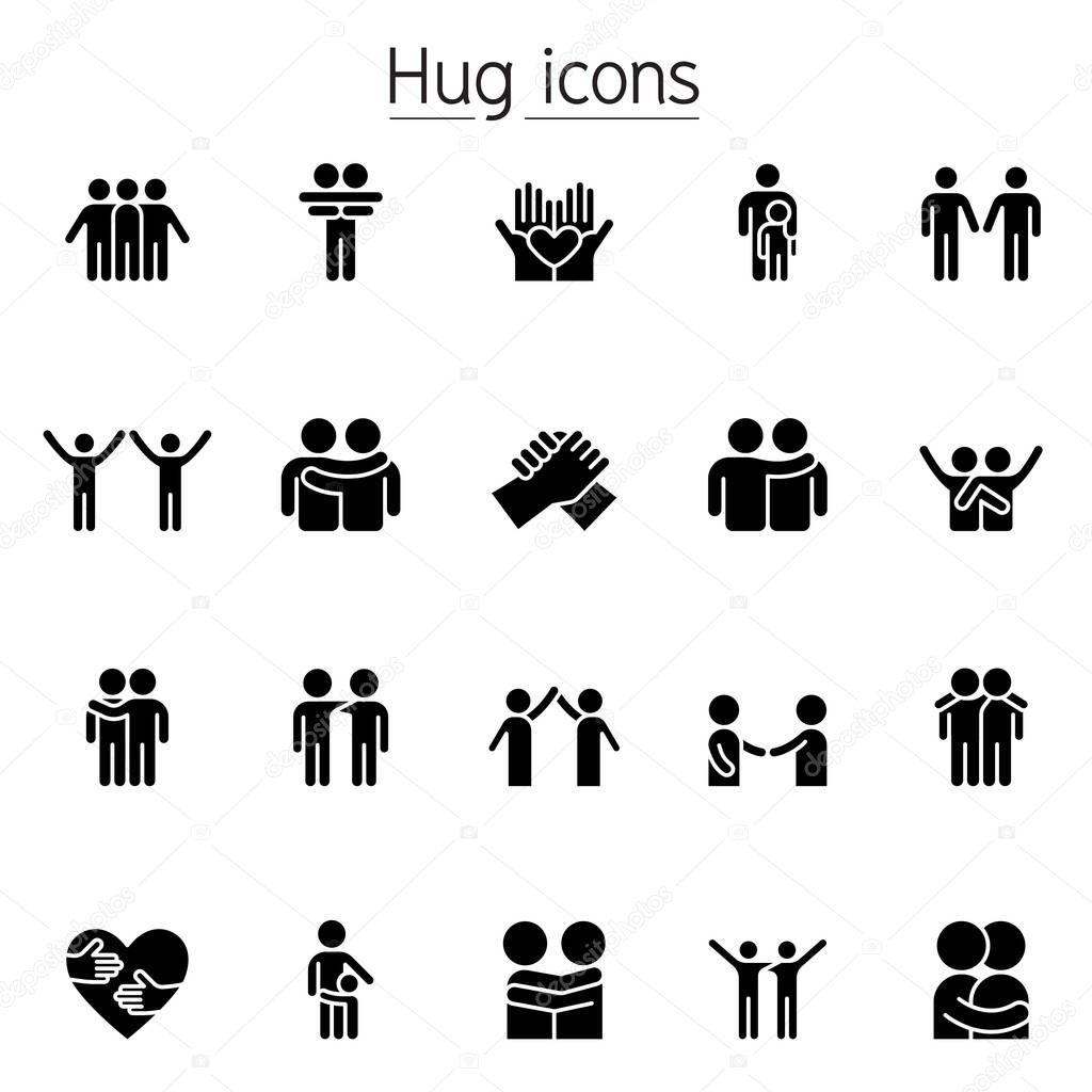 Hug, care, support and friendship icon set in glyph style