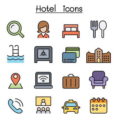 Hotel icon set in color line style clipart