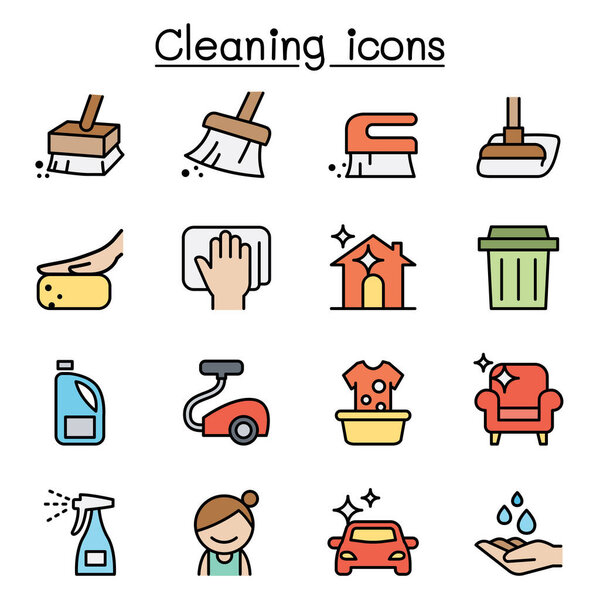 Cleaning and Hygiene icon set in color line style