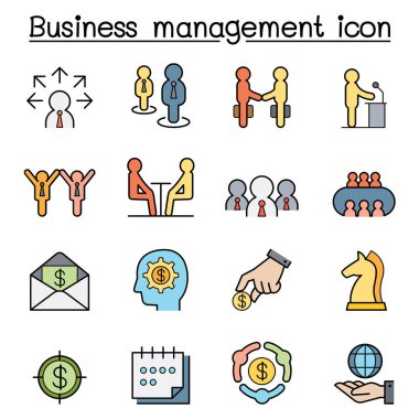 Business management icon set in color line style clipart