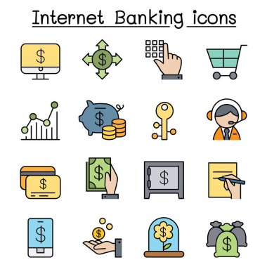 Internet banking icon set in color line style clipart