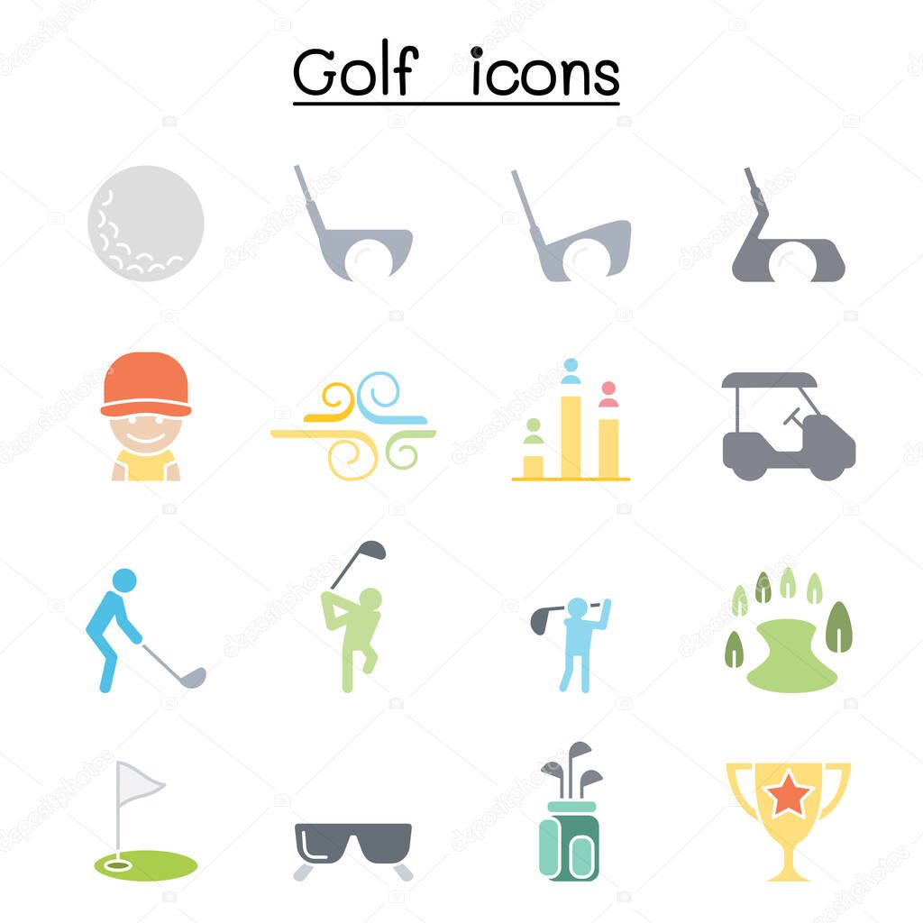 Golf icon set in flat color style