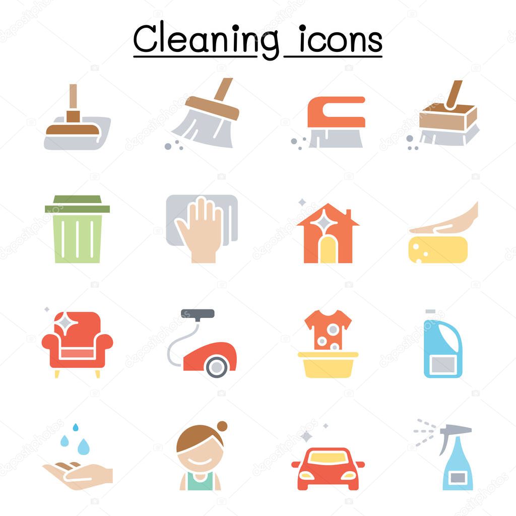 Cleaning and Hygiene icon set in flat color style