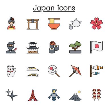 Japonya İlgili Vektör düz renk ikonu seti. Suşi, kimono, ninja, kale, fuji dağı, bonsai, geyşa gibi ikonlar içerir.