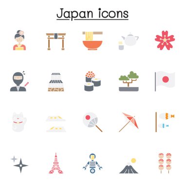 Japonya İlgili Vektör simgesi seti. Suşi, kimono, ninja, kale, fuji dağı, bonsai, geyşa gibi ikonlar içerir.