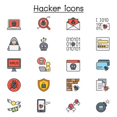 Hacker İlgili Vektör düz renk simgesi kümesi. Casus, virüs bilgisayarı, zararlı yazılım, spam, güvenlik duvarı, bilgisayar güvenliği, şifre, uygulama, hırsızlık gibi simgeleri içerir.