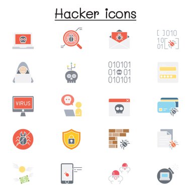 Hacker İlgili Vektör simgesi kümesi. Casus, virüs bilgisayarı, zararlı yazılım, spam, güvenlik duvarı, bilgisayar güvenliği, şifre, uygulama, hırsızlık gibi simgeleri içerir.