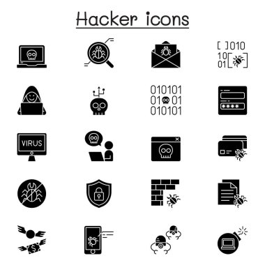 Hacker İlgili Vektör simgesi kümesi. Casus, virüs bilgisayarı, zararlı yazılım, spam, güvenlik duvarı, bilgisayar güvenliği, şifre, uygulama, hırsızlık gibi simgeleri içerir.