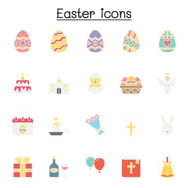 Paskalya İlgili Vektör simgesi seti. Yumurta, hediye, kilise, tavşan, tavuk, İncil, balon, çiçek, haç, melek, kutlama gibi ikonlar içerir..